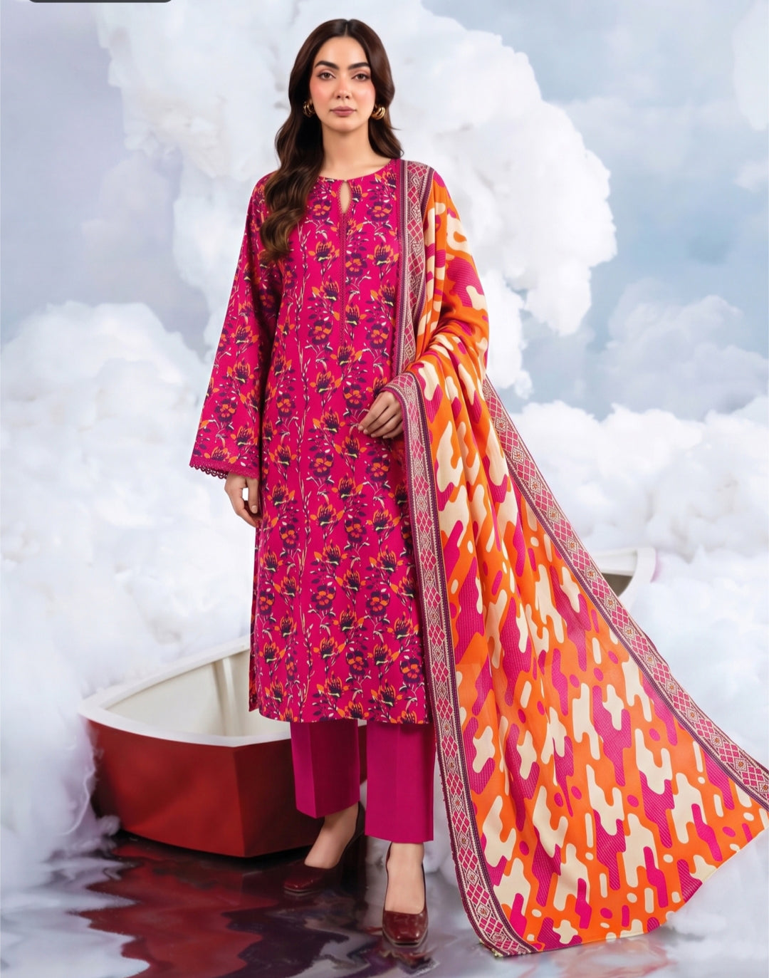  Saya magenta floral Dhanak suit Pakistan
 Saya 3 piece winter suit with printed dupatta

