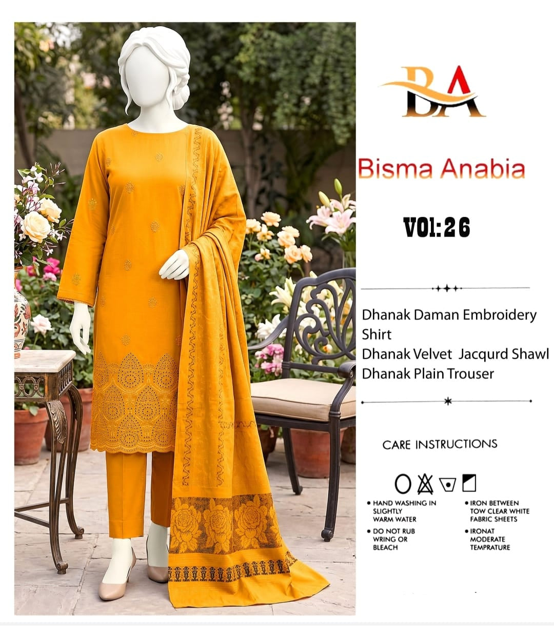 Golden Yellow Floral Dhanak 3-Piece Suit displayed on a mannequin in a garden setting with detailed embroidery.
