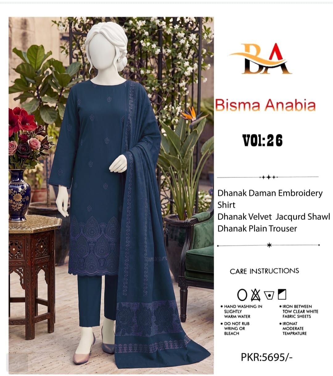 Navy Floral Dhanak 3-Piece Suit