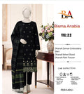 Black Rose Print Dhanak 3-Piece Suit showcasing elegant embroidered shirt, velvet shawl, and plain trousers.