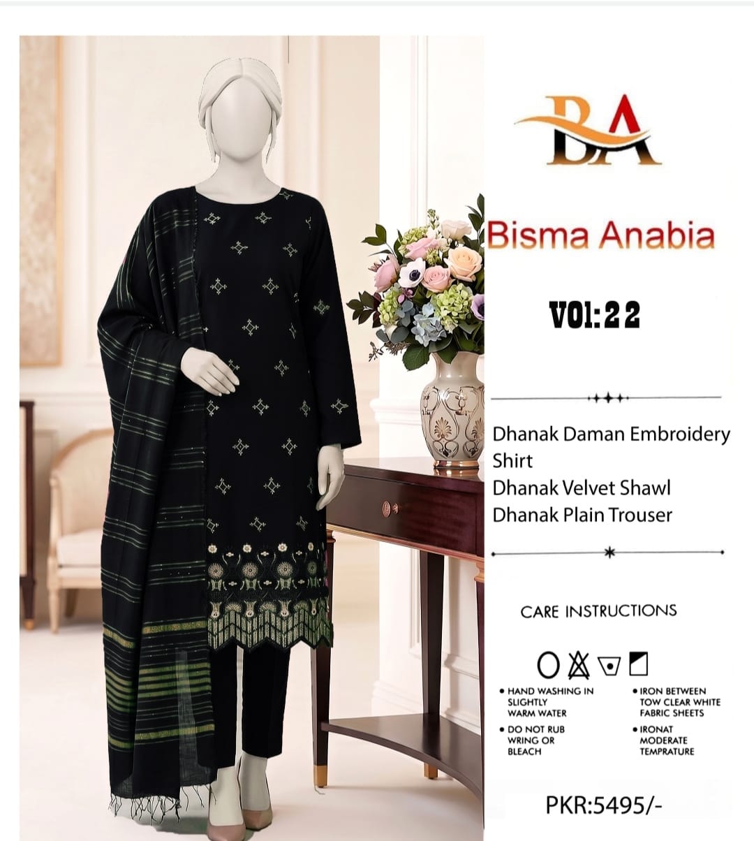 Black Rose Print Dhanak 3-Piece Suit showcasing elegant embroidered shirt, velvet shawl, and plain trousers.