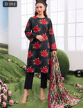 Model showcasing Multicolor Floral Dhanak 3-Piece Suit with black base and red floral design.