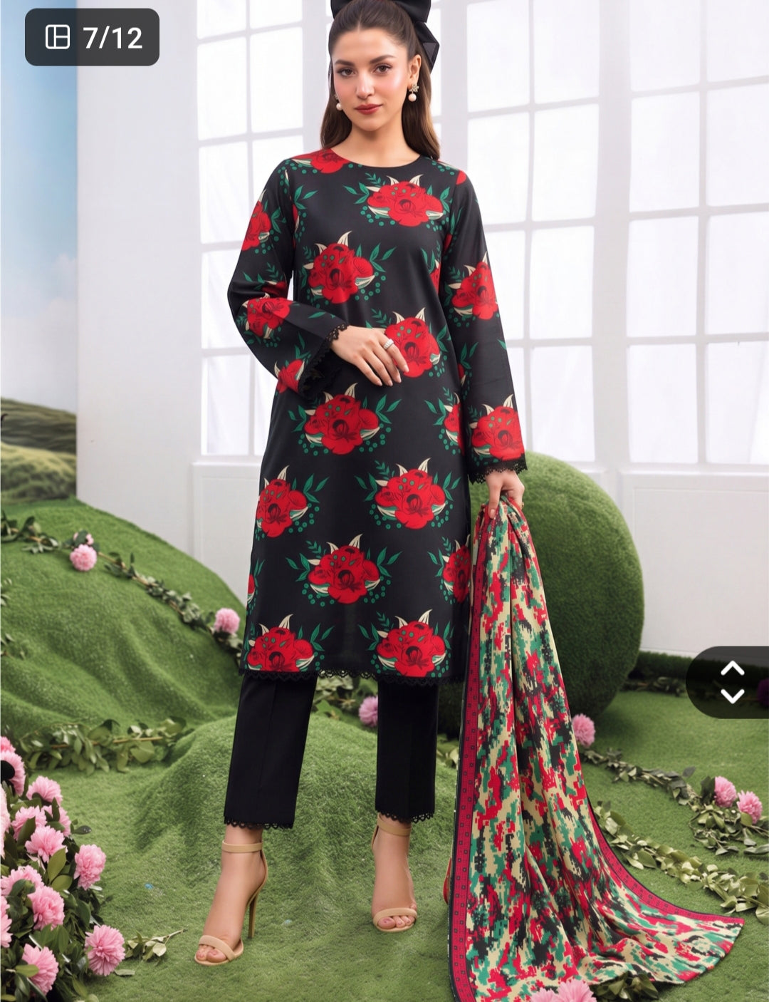 Model showcasing Multicolor Floral Dhanak 3-Piece Suit with black base and red floral design.